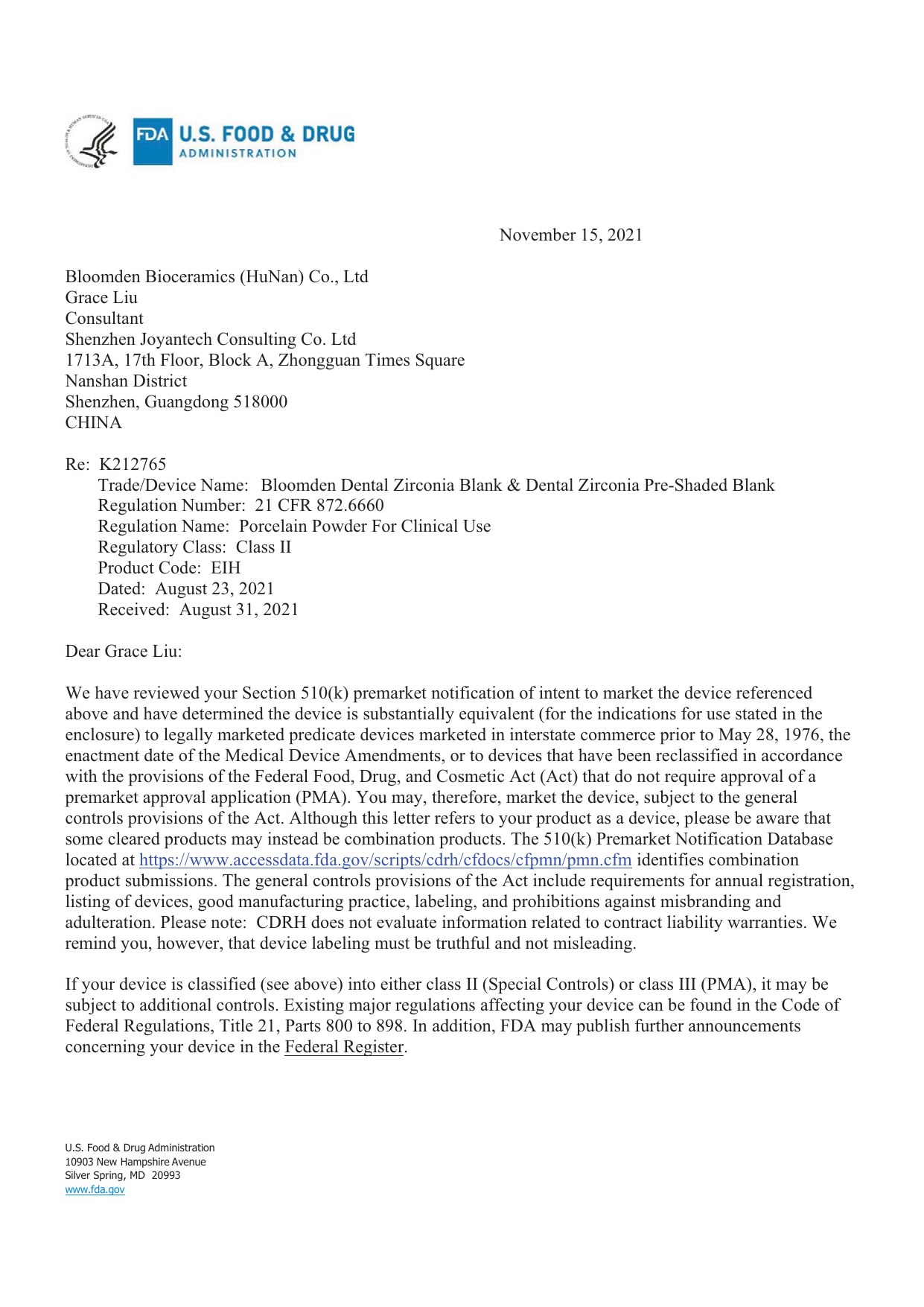FDA — U.S. Food & Drug Administration 510(k)