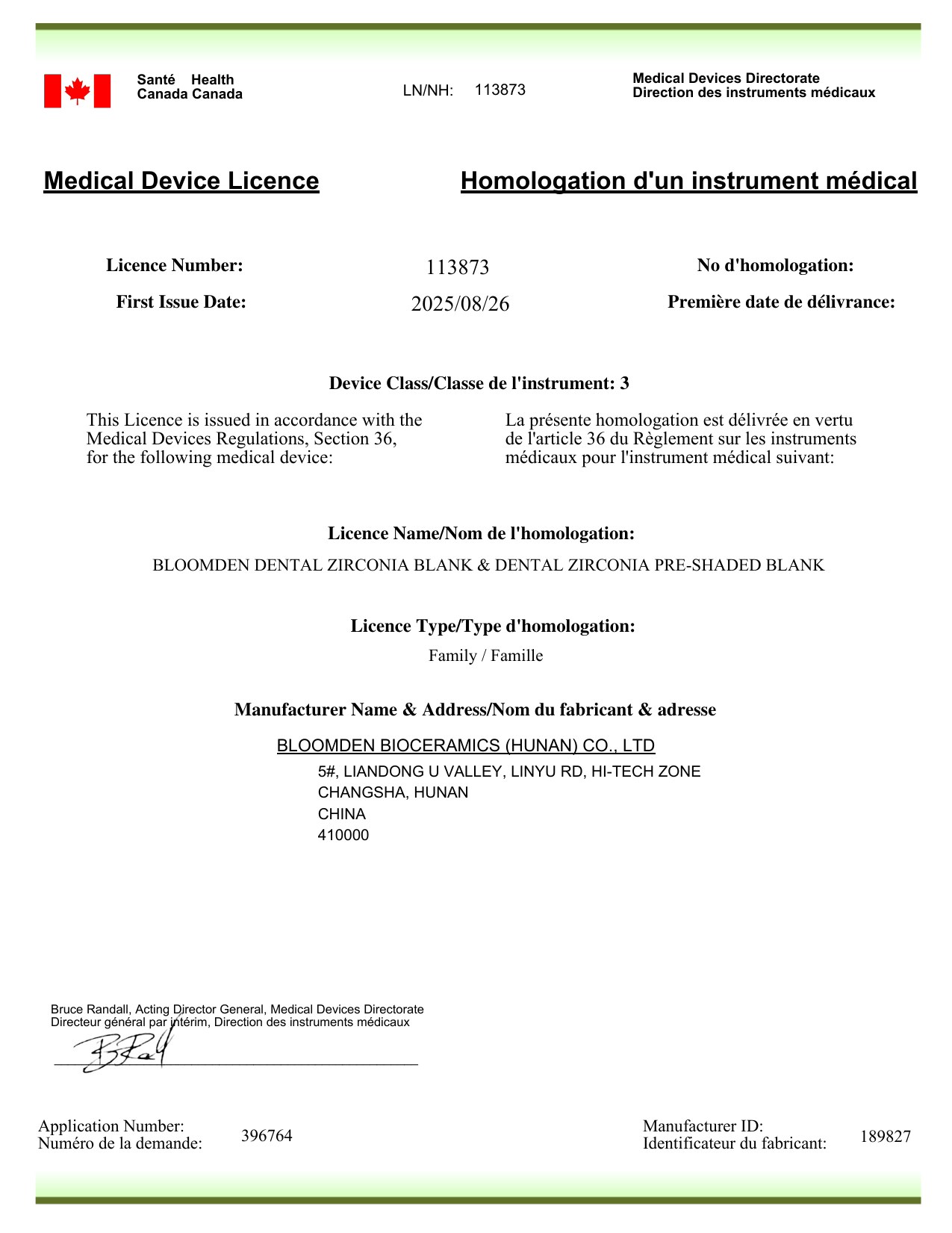 Health Canada Medical Device Licence